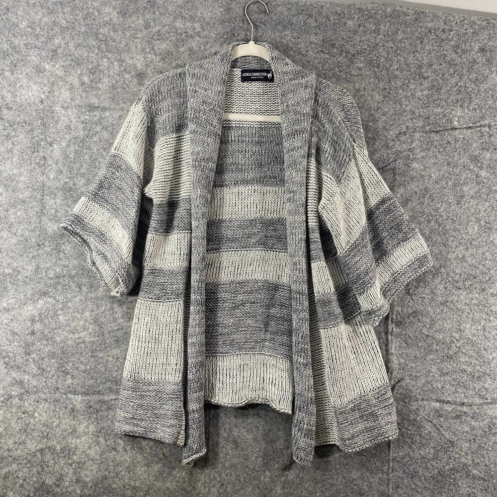 Alpaca Connection Cardigan Medium Gray Striped Alpaca Wool Knit Short Sleeve